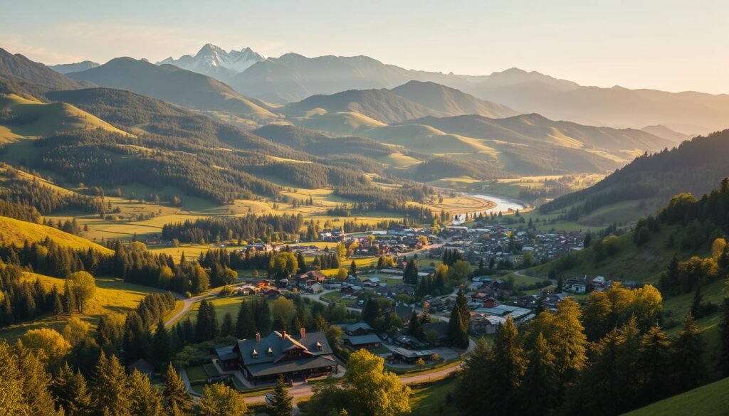 A lush, verdant countryside landscape, dotted with rolling hills and winding rivers. In the foreground, a small village nestled among the trees, with traditional wooden houses and a quaint town square. In the middle ground, a bustling marketplace, where local farmers and artisans sell their wares. In the background, towering mountains rise up, their peaks capped with snow. The scene is bathed in warm, golden light, casting a peaceful, idyllic atmosphere. The image conveys a sense of growth, expansion, and the sustainable development of a thriving rural community.