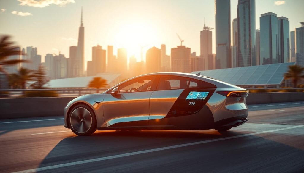 A sleek and modern electric vehicle glides through a futuristic cityscape, its streamlined body gleaming under the warm glow of the sun. In the background, towering skyscrapers and renewable energy infrastructure create a vision of sustainable urban living. The car's interior is visible, showcasing advanced display panels and intuitive controls, reflecting the cutting-edge technology that powers this revolutionary mode of transportation. The scene conveys a sense of progress and environmental responsibility, capturing the essence of a world where clean energy and efficient mobility coexist seamlessly.