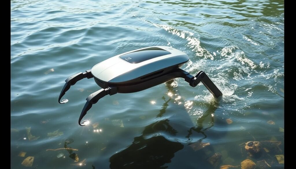 A sleek, river-cleaning robot glides through the water, its mechanical limbs effortlessly scooping up debris. The robot's compact, hydrodynamic design allows it to navigate the waterways with precision, its sensors detecting and targeting floating trash. Sunlight glints off the robot's polished, metallic surface as it deftly maneuvers around obstacles, leaving a trail of clean, sparkling water in its wake. The robot's sophisticated algorithms guide its movements, optimizing its efficiency in removing waste and minimizing environmental impact. Its mission is clear: to help restore the health and beauty of the river, one piece of litter at a time.
