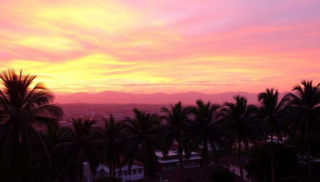 A stunning sunset landscape over the city of Bandung, with a vibrant orange and pink sky casting a warm glow over the cityscape. In the foreground, a row of palm trees sway gently in the evening breeze, their fronds creating intricate shadows on the ground. The middle ground features the city's iconic buildings, their roofs and windows reflecting the warm light. In the background, a range of hazy purple mountains rise up, adding depth and drama to the scene. The overall mood is one of tranquility and serenity, as the city prepares for the coming night. The lighting is soft and atmospheric, creating a sense of depth and dimension. This image perfectly captures the captivating "sore" phenomenon that often graces the skies of Bandung.