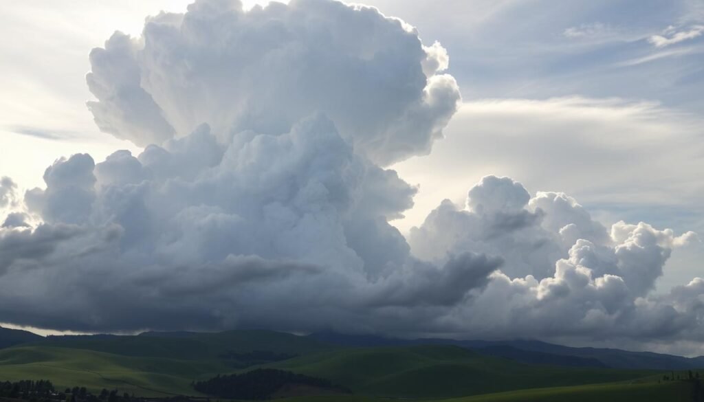 A towering cumulonimbus cloud soars over a lush, verdant landscape, casting dramatic shadows across the rolling hills. The cloud's majestic, anvil-shaped top is illuminated by the sun, while its billowing, charcoal-grey base roils with thunderous energy. The scene is captured through a wide-angle lens, emphasizing the sheer scale and power of this atmospheric phenomenon. The lighting is natural, with the sun's rays filtering through the cloud's edges, creating a mesmerizing chiaroscuro effect. The mood is one of awe and wonder, as this awe-inspiring cloud dominates the skyline, a testament to the dynamic forces shaping our planet's weather patterns.