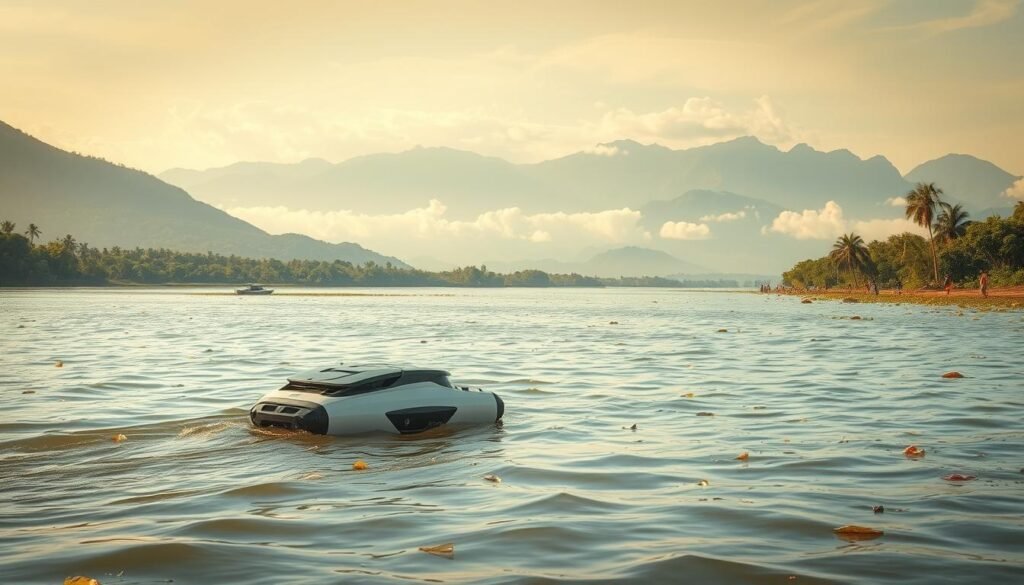 A vast Indonesian river, its banks lined with lush vegetation, flows serenely under a warm, golden light. In the foreground, a sleek, state-of-the-art robot glides effortlessly across the water's surface, its sensors and mechanical arms meticulously collecting floating debris. The middle ground reveals the riverbanks, where locals observe the robot's efficient work, their expressions a blend of curiosity and optimism. In the background, towering mountains loom, their peaks shrouded in wispy clouds, creating a serene and picturesque scene. This image captures the successful implementation of innovative river cleaning technology, seamlessly integrating with the natural beauty of the Indonesian landscape.