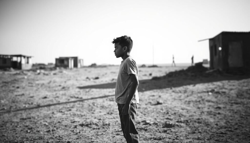 A young person, determined and resilient, stands amid a sparse, monochromatic landscape, their gaze fixed on the horizon. The lighting is stark, casting long shadows and emphasizing the figure's solitary journey. In the background, a few dilapidated structures hint at humble beginnings, a testament to the person's unwavering spirit and refusal to be defined by their circumstances. The composition conveys a sense of perseverance, a story of triumph over adversity, and the power of an individual's resolve to forge their own path to success.