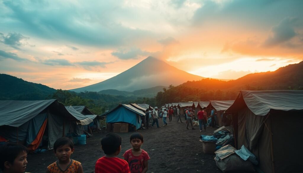 An evacuation camp in the East Flores Regency, nestled amidst lush, rolling hills. In the foreground, families gather around makeshift shelters, their faces etched with worry. The middle ground reveals a bustling scene of aid distribution, volunteers tending to the immediate needs of the displaced. Farther back, the towering silhouette of a volcano looms, its ominous presence a constant reminder of the precarious situation. Warm, diffused lighting casts a somber glow, highlighting the human impact of this natural disaster. The angle captures the scale of the camp, conveying the overwhelming scale of the crisis. An atmospheric, cinéma vérité-inspired photograph that evokes the urgency and gravity of the situation. An evacuation camp in the East Flores Regency, nestled amidst lush, rolling hills. In the foreground, families gather around makeshift shelters, their faces etched with worry. The middle ground reveals a bustling scene of aid distribution, volunteers tending to the immediate needs of the displaced. Farther back, the towering silhouette of a volcano looms, its ominous presence a constant reminder of the precarious situation. Warm, diffused lighting casts a somber glow, highlighting the human impact of this natural disaster. The angle captures the scale of the camp, conveying the overwhelming scale of the crisis. An atmospheric, cinéma vérité-inspired photograph that evokes the urgency and gravity of the situation.