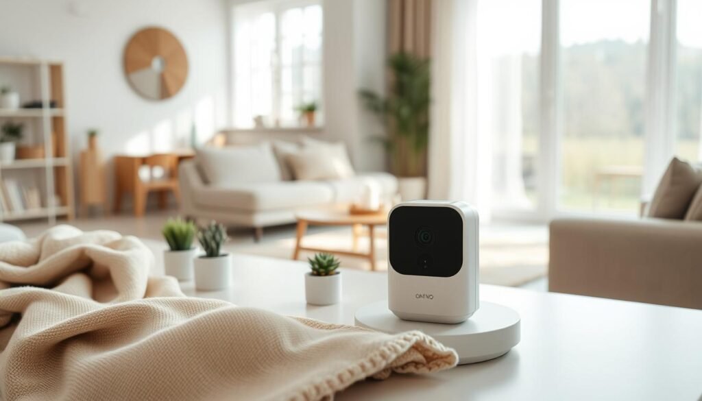 A minimalist indoor camera design showcasing sleek lines and a compact form. The camera should feature a matte white finish with subtle black accents, emphasizing its modern aesthetic. Foreground elements include the camera positioned on a clean, light-colored table, surrounded by minimalist decor such as small potted plants and a soft, textured throw blanket. In the middle ground, a softly lit room with large windows allows natural light to cascade in, enhancing the airy feel of the space. The background showcases neutral-colored walls and minimalist furniture, creating a harmonious, functional atmosphere. The overall mood should be calm and inviting, demonstrating the blend of technology and home comfort. The composition should use a slight top-down angle to highlight the camera's design within the context of the home environment.
