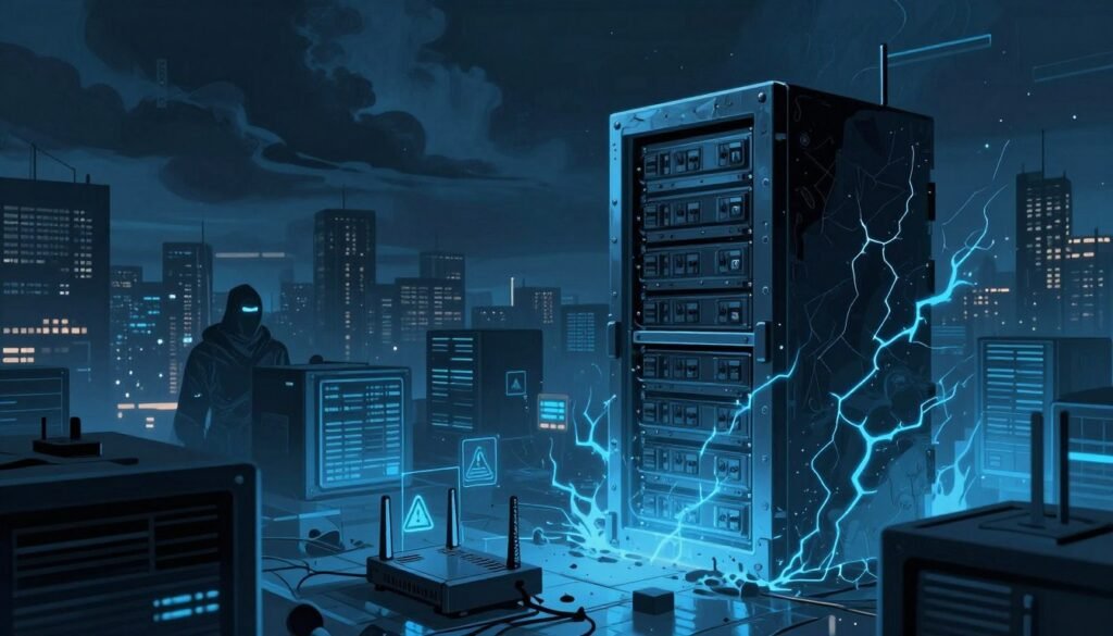 A dark, cyber-themed illustration depicting ancient cybersecurity threats looming over a modern digital landscape. In the foreground, a towering, ominous firewall, crackling with energy, symbolizes outdated security measures struggling to defend against invisible, ghostly hackers. In the middle ground, various digital infrastructures like servers and routers are highlighted, with faint warning signs appearing under a flickering blue light. The background features a sprawling cityscape, with ominous clouds gathering above, hinting at the looming danger of cyberattacks. The scene is illuminated by a cold, blue tint, creating a tense, foreboding atmosphere, while sharp angles and a low perspective enhance the threat level. The overall mood is serious, emphasizing the persistent dangers of legacy cybersecurity threats.
