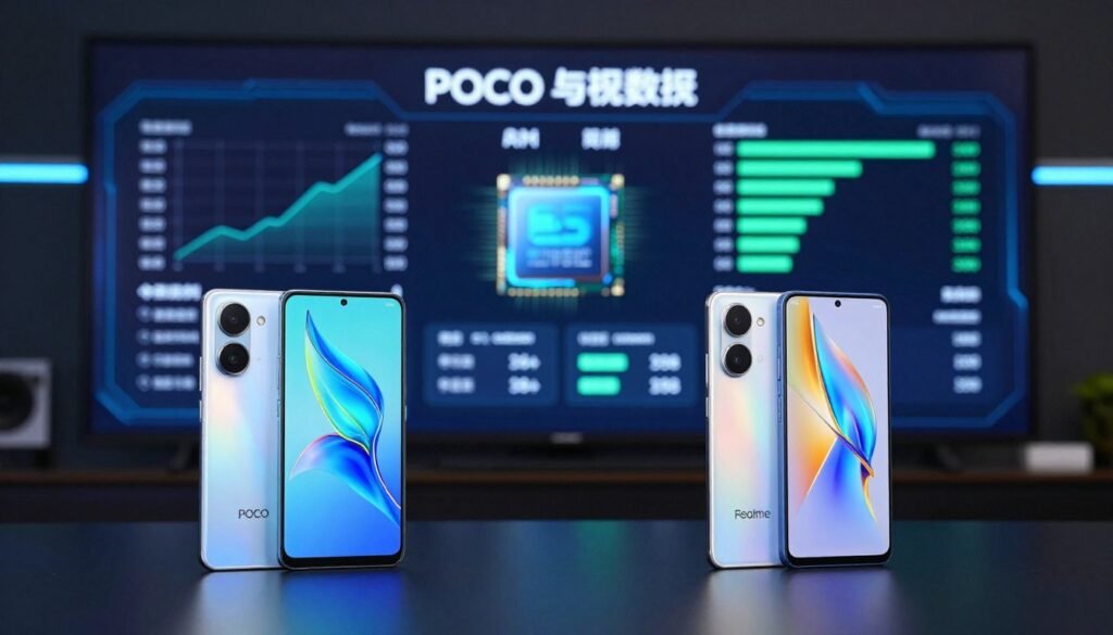 A dynamic visual comparison of smartphone chipsets, RAM, and performance benchmarks. In the foreground, two high-end smartphones labeled “POCO” and “Realme,” turned slightly towards each other, showcasing sleek designs and vibrant screens. The middle ground features a digital dashboard-like interface displaying comparative graphs and performance metrics, illuminated with glowing accents in blue and green to indicate various data points. The background is a blurred tech-themed setting, hinting at innovation, with soft lighting that creates a sleek, modern atmosphere. The scene captures a sense of competition and technological advancement, ideal for illustrating a technical comparison in a professional context. Aim for a polished, professional aesthetic with no people present.