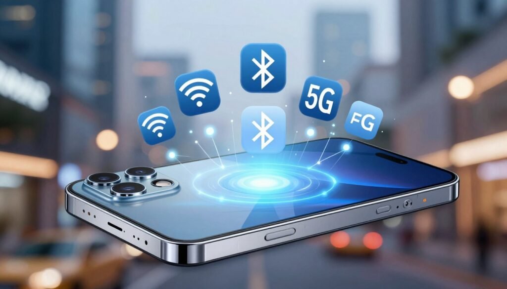 A modern smartphone showcased prominently in the foreground, displaying its additional features such as advanced camera modules, connectivity ports, and sleek design. The middle ground features various connectivity icons like Wi-Fi, Bluetooth, and 5G symbols, artistically integrated to suggest a vibrant network. In the background, a tech-inspired urban setting with soft bokeh lights creates an engaging atmosphere. The lighting is bright, emphasizing the smartphone's shiny surfaces and reflective glass. A slight top-down angle captures both the smartphone's sleek lines and the dynamic environment. The overall mood is tech-savvy and innovative, reflecting the excitement of advanced technology.